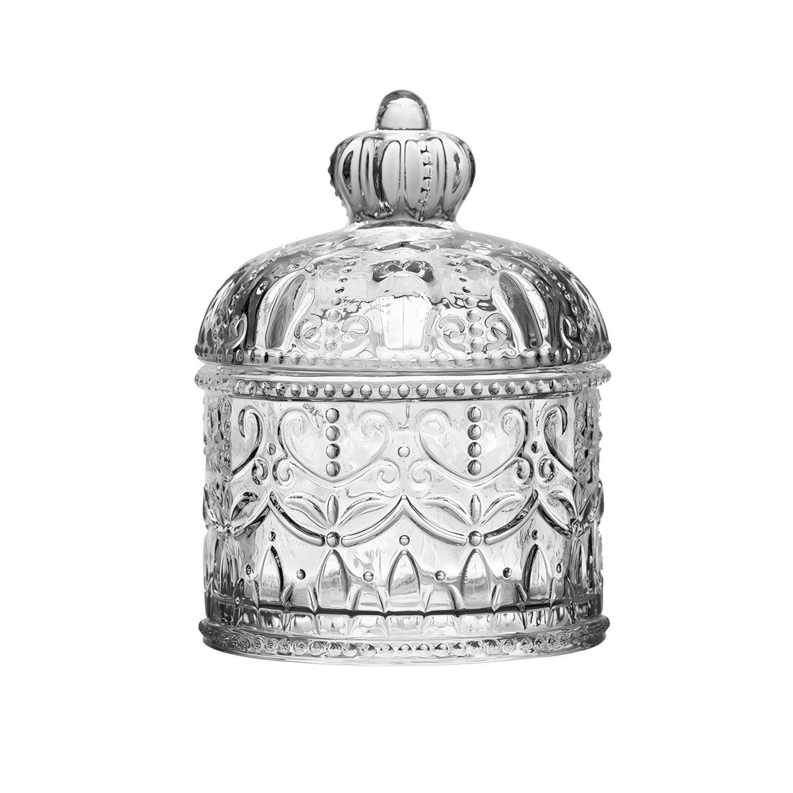 200ml Clear Glass Candy Jar with Lid Vintage Embossed Candy Dish Food Storage Canister Wedding Party Buffet Decor Crystal Glass Container for Sweets Desserts Organization
