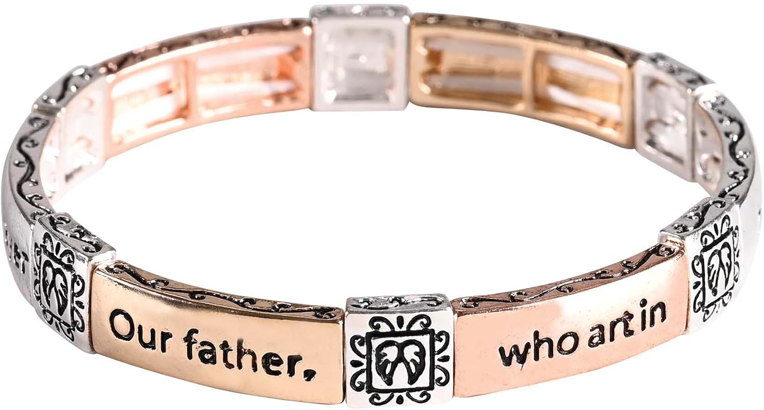Dicksons The Lords Prayer Our Father 2.5 Inch Silver, Gold and Rose Gold Plated Metal Women's Tile Stretch Bracelet