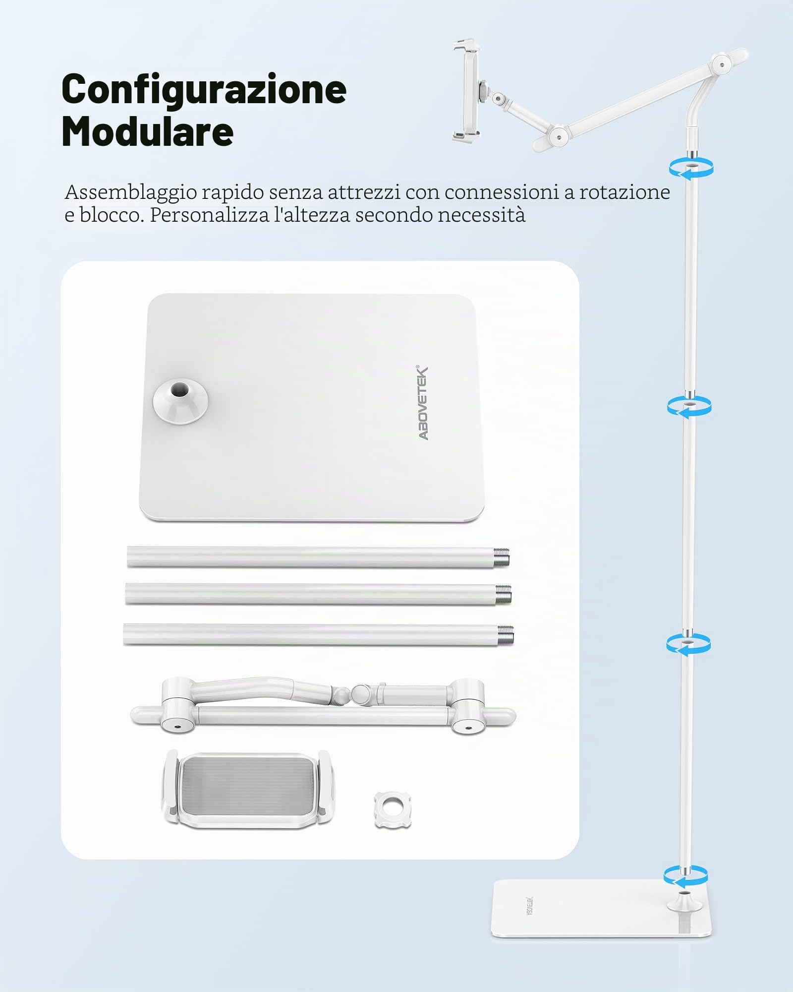 AboveTEK Supporto da Pavimento per Tablet, Elegante Supporto iPad Regolabile, Porta Tablet e Telefono in Alluminio con Rotazione a 360° per Divano e Letto per iPad Pro Air Mini da 4,7"-13,5" (Bianco)