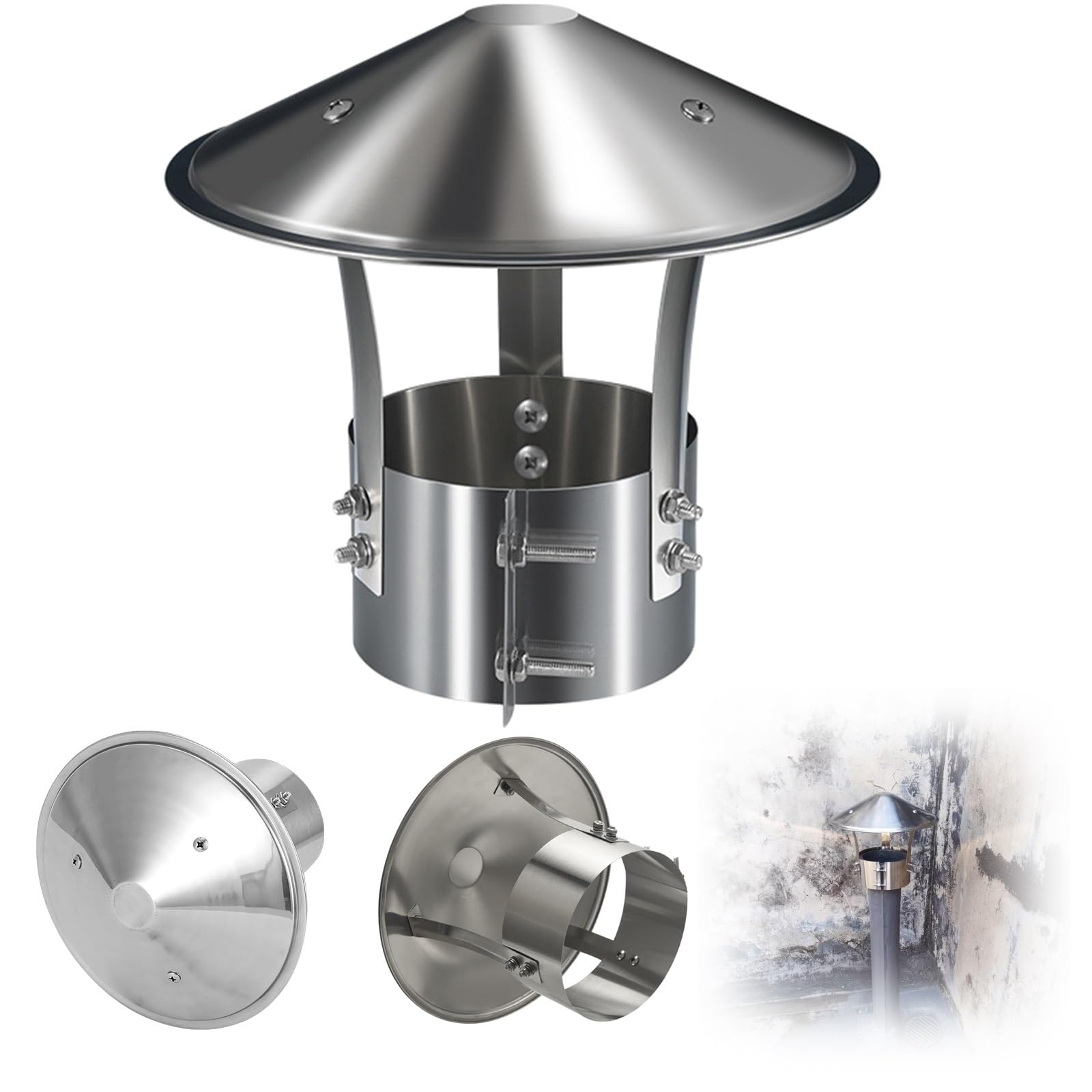 OYSKGNCMW 304 Stainless Steel Chimney Cowl Weather-Proof Chimney Cap Fireplace Exhaust Outside Roof Cap, Universal Reinforced Round Chimney Cover for Wood/Oil Stove Vent, Flue Protector(140mm/5.5in)