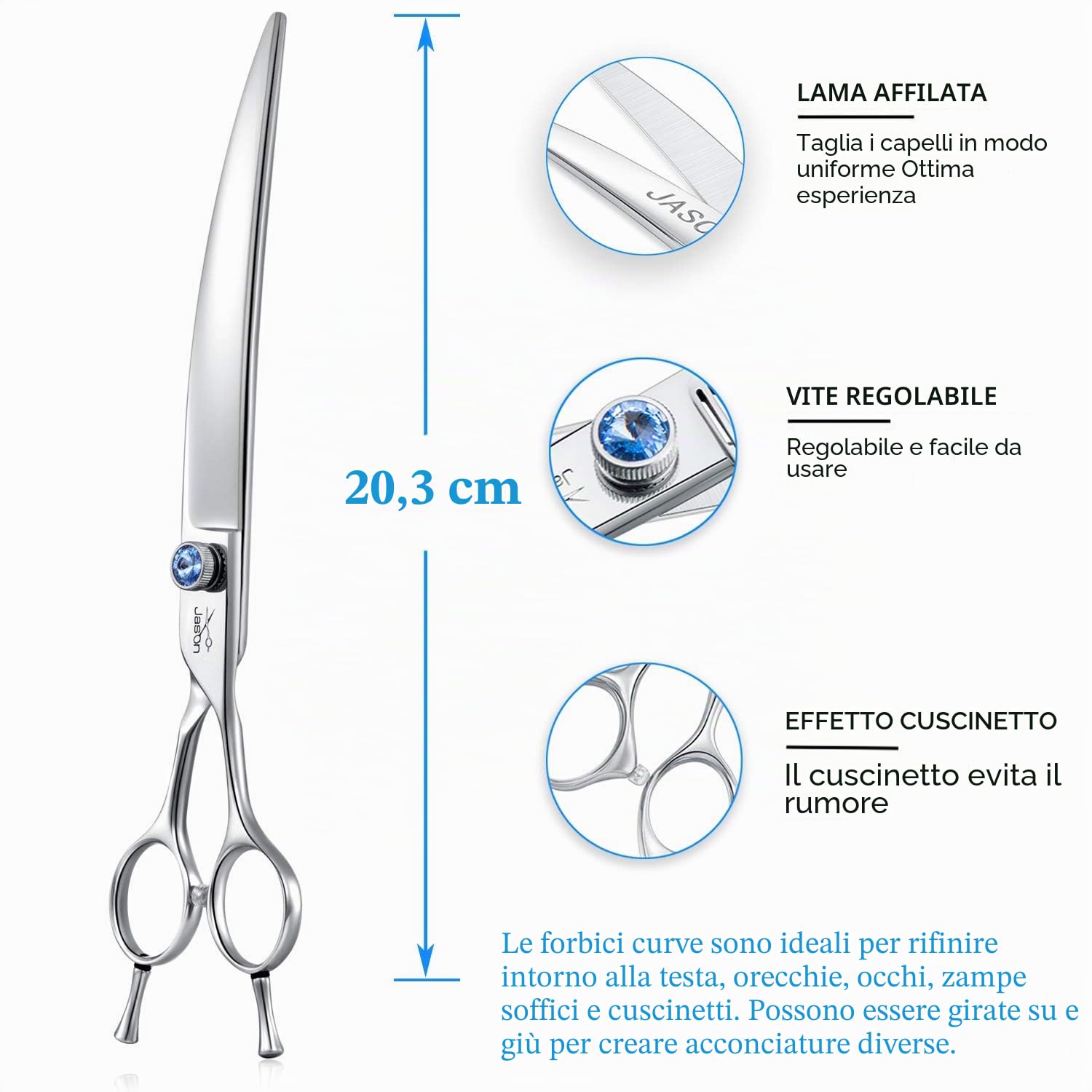 Jason forbici curve per cani da 8 pollici ergonomiche per cani e gatti con manico offset e vite gioiello per destrimani lunghe e affilate comode e leggere