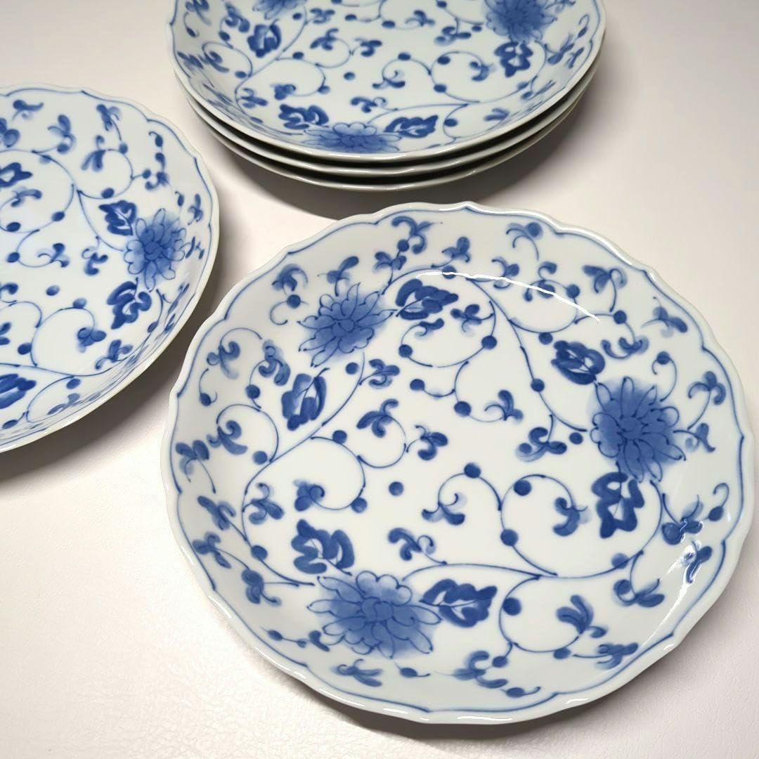 Arita Ware Dyed Flower Arabesque, Round Flower Plate, Japanese Plate, Medium Plate - Large Plate, Set of 5