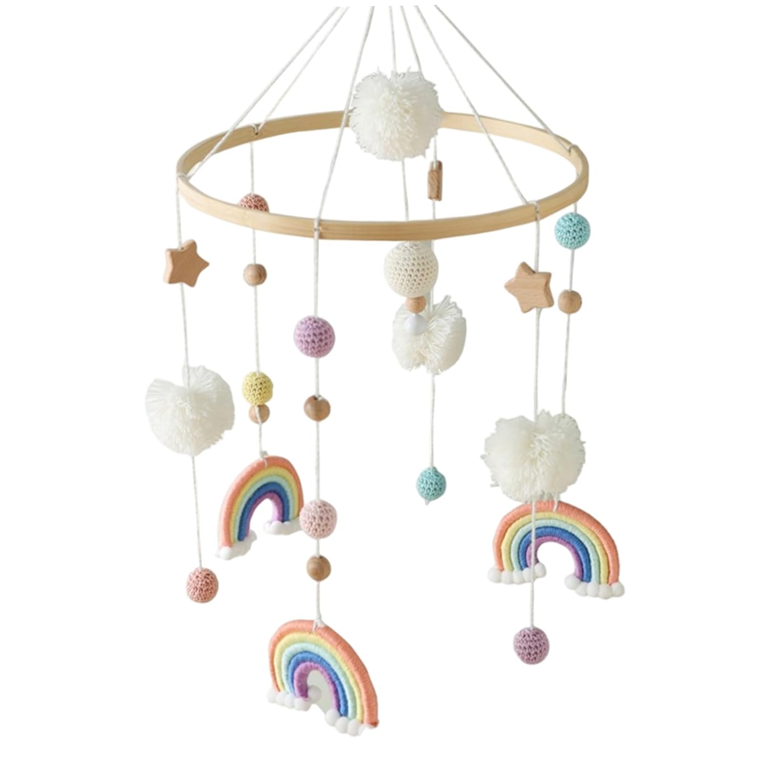 Mobile for Bassinet, Crib Mobile 9x19in Rainbow, Star, Pompom & Crochet Ball for Bassinet with Bamboo Holder Ring to Attract Baby's Attention, Promote Eye/Foot/Hand Development