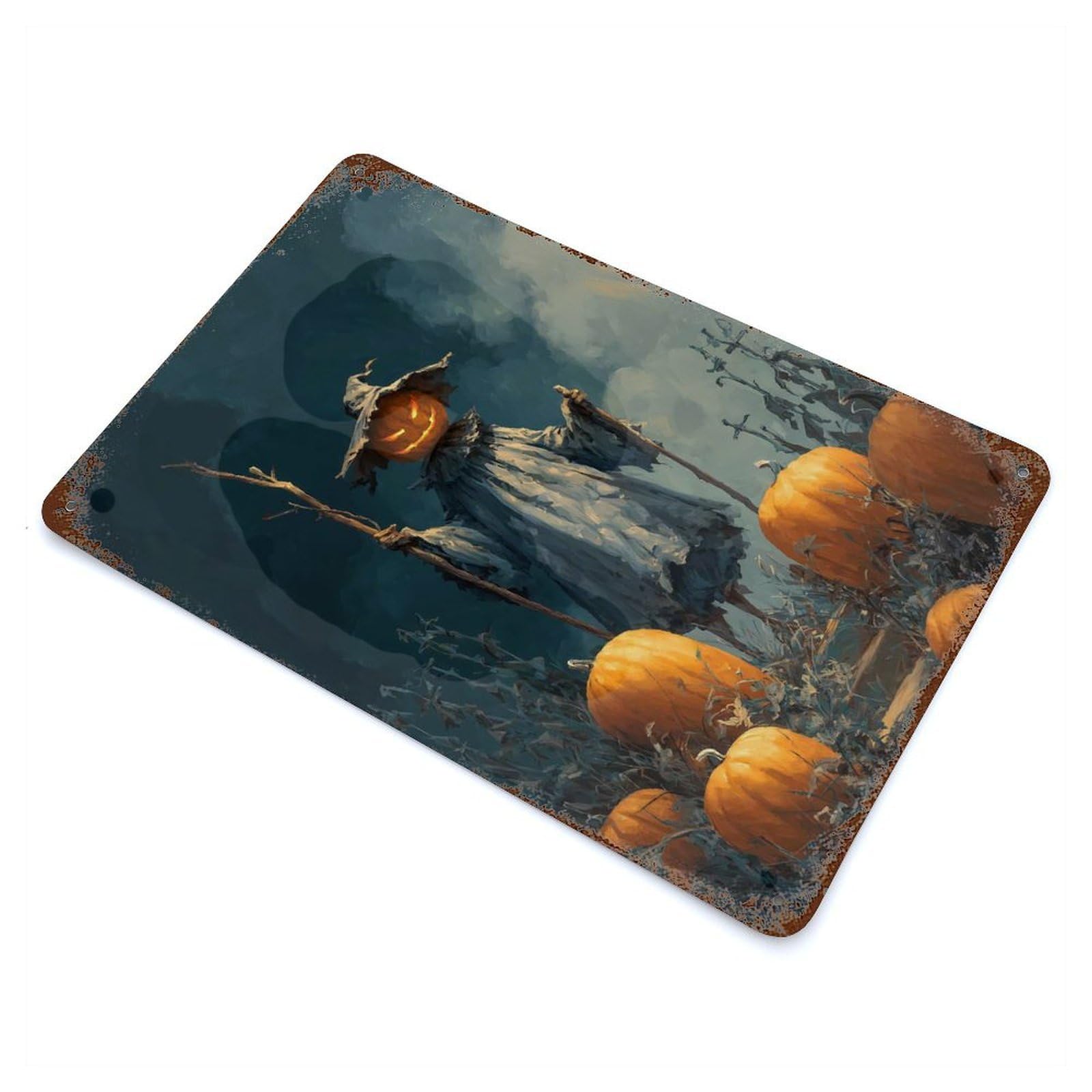 Rust Effect Halloween Pumpkin Scarecrow in A Field Aged Metal Wall Plaque 11.8"x7.9", Rustic Home Decor for Bistro, Counter And Cafe Decor