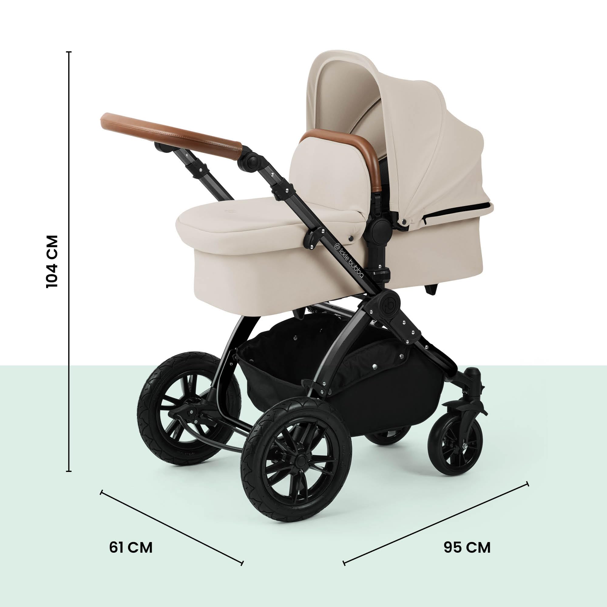 Ickle Bubba Stomp Luxe Poussette tout terrain 2 en 1 pliable avec housse de pluie, chancelière, tablier et pare-soleil avec roues anti-crevaison (châssis noir, pierre/brun clair)