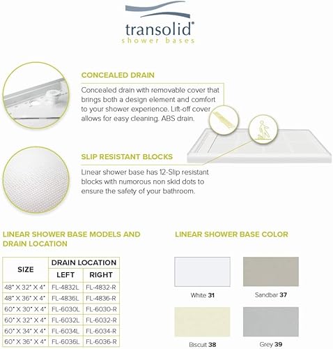 Miniatura 4 de Transolid FL6030R-39 Base de ducha rectangular lineal de 60 pulgadas de largo x 30 pulgadas de ancho con drenaje a la derecha, gris