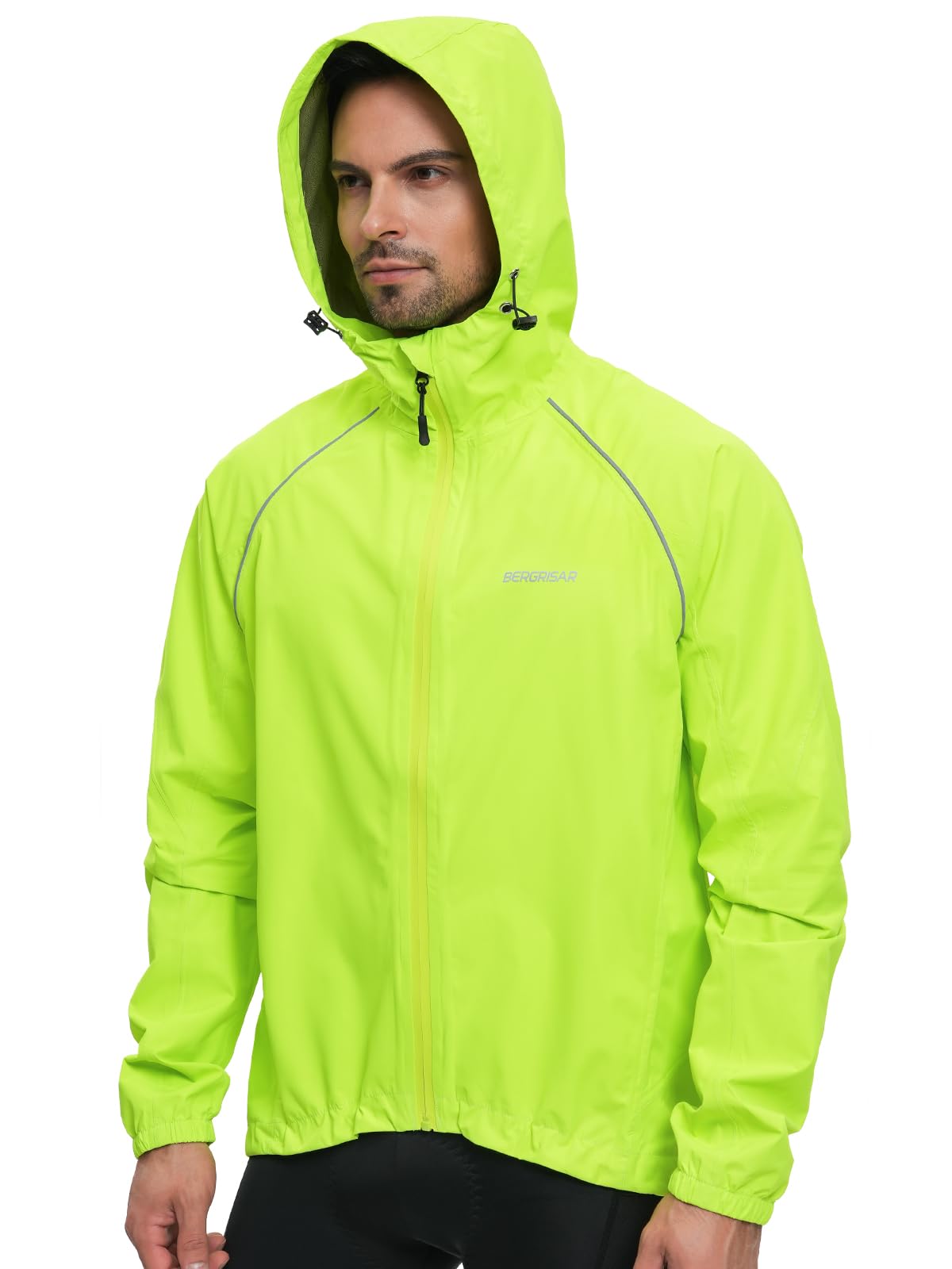 BERGRISAR Giacca Ciclismo e Running Antivento Impermeabile Leggera Uomo con Cappuccio, Antipioggia per Bici Mtb