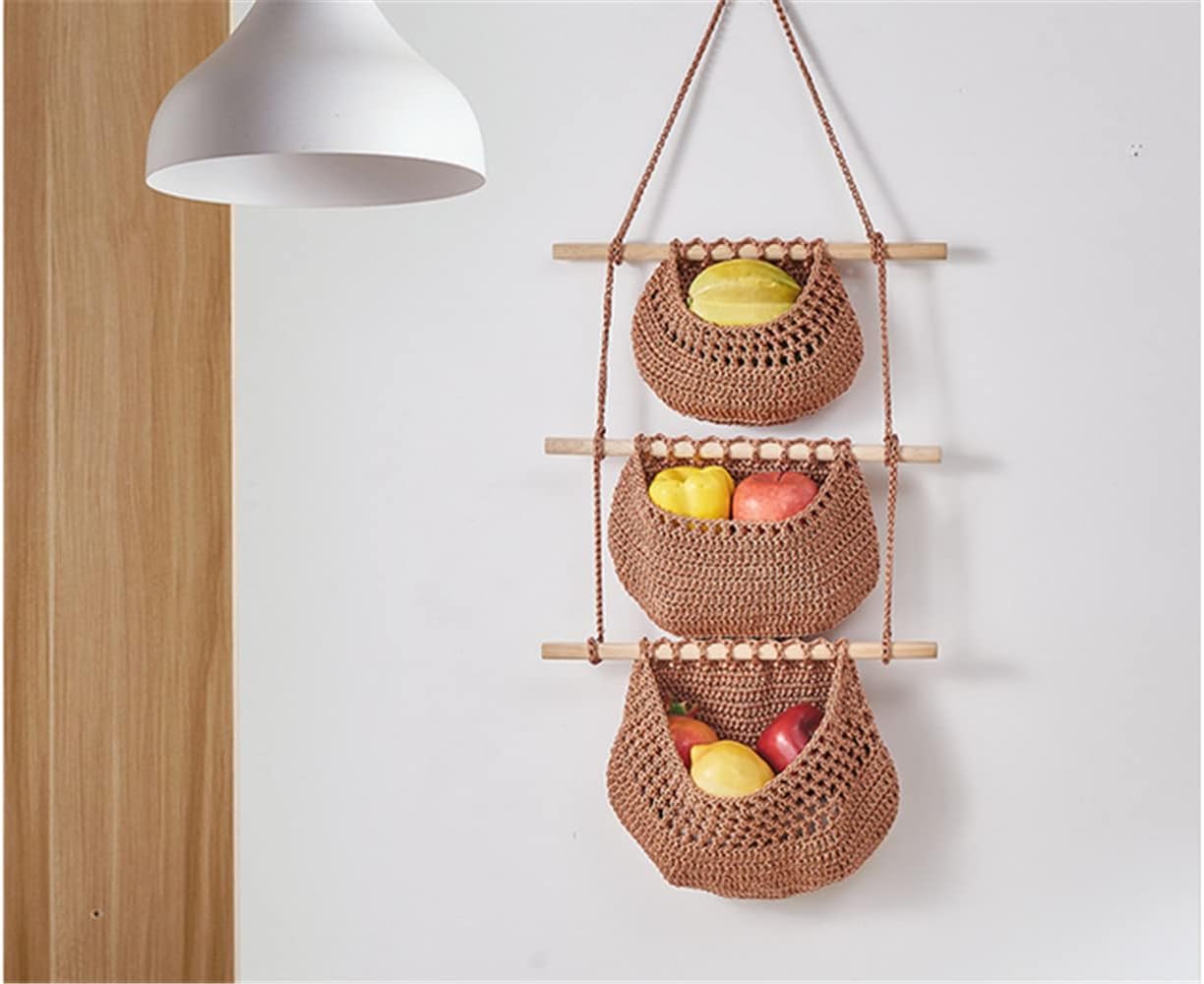 Hanging Fruit Basket ,3 Tier Over the Door Organizer, Handmade Woven Jute Wall Hanging Baskets for Organizing, Wall Basket Decor, Storage baskets for kitchen.. (Brown)