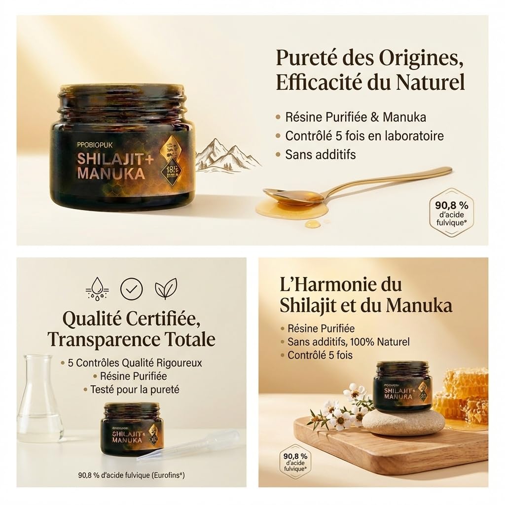PROBIOPUR - Shilajit + Manuka – 50g -Formule exclusive 2-en-1 – Résine 100% pure Himalaya + Manuka MGO 200+ – Acide fulvique 90% – Marque française – 100% naturel