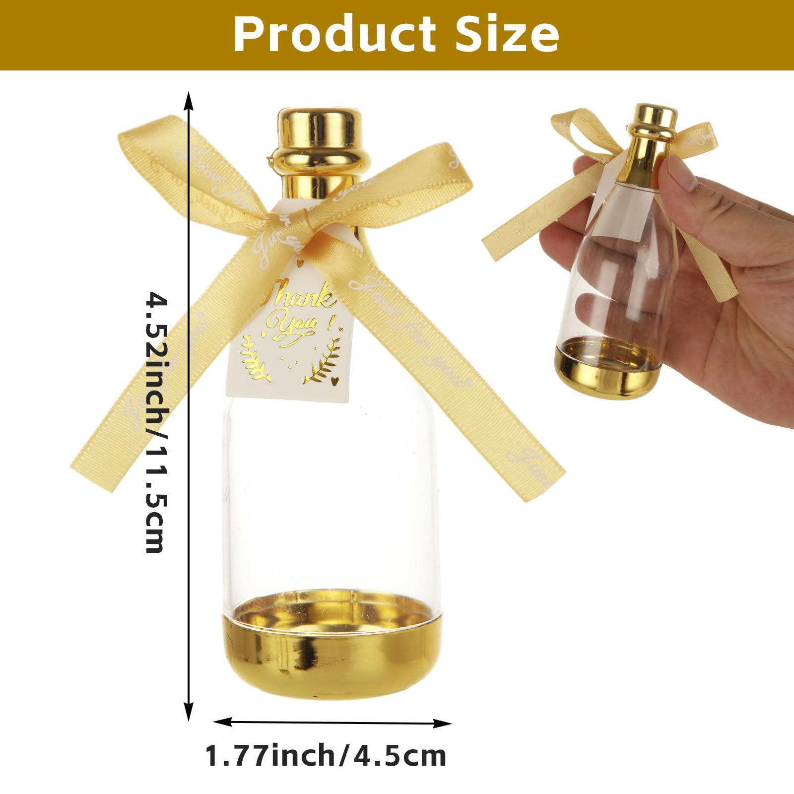 36 mini bottiglie di champagne a forma di barattolo in plastica dorata, per bomboniere fai da te, bomboniere, matrimoni, feste, con biglietto e fiocco