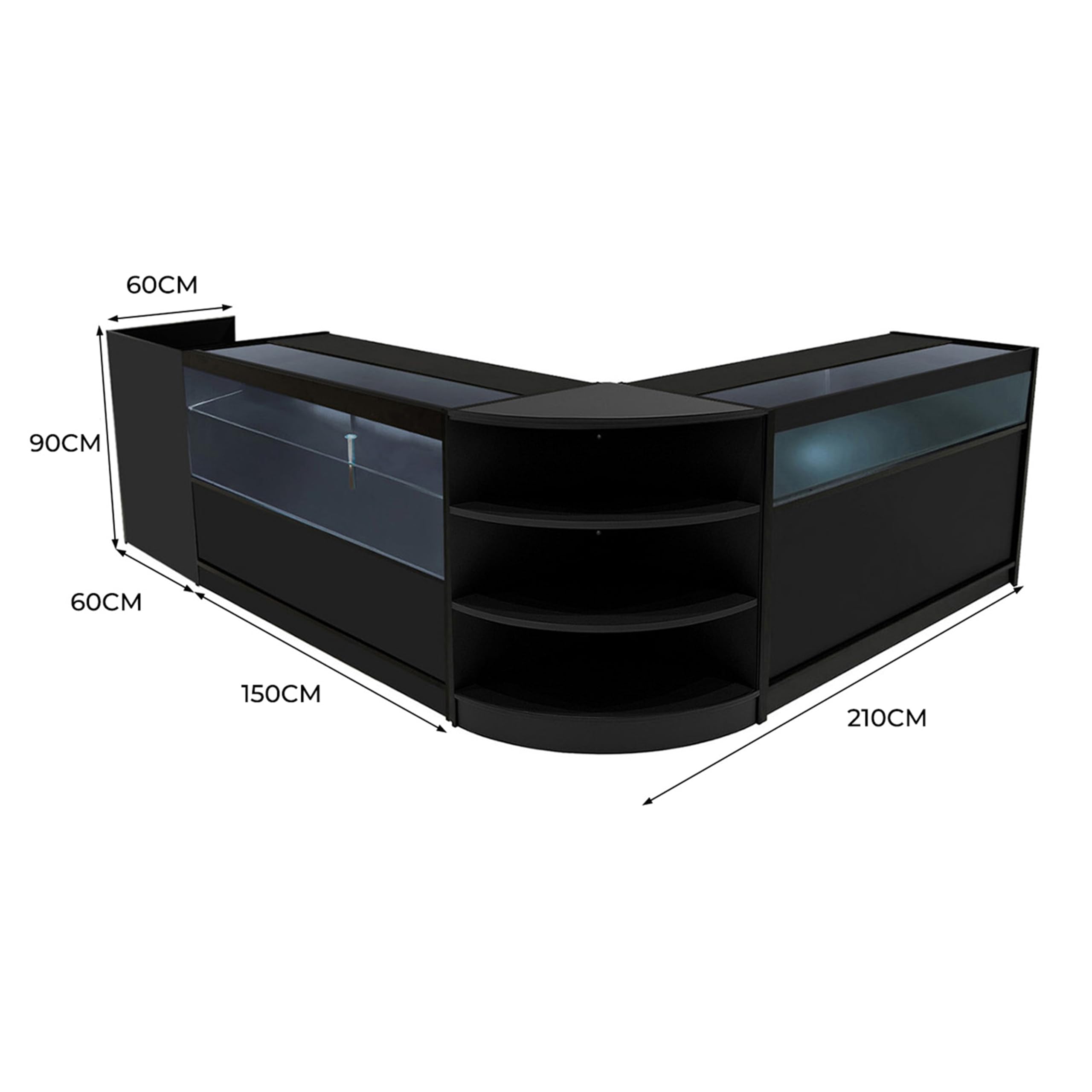 Black Shop Counter Set Europa LED Light B1500 C1500 LM60 TB60 150 cm 60 cm W Zamykane drzwi przesuwne Klucze Retail Storage Units Till Block Glass Display Gablota Szafka Narożna Odzież Biżuteria Półki