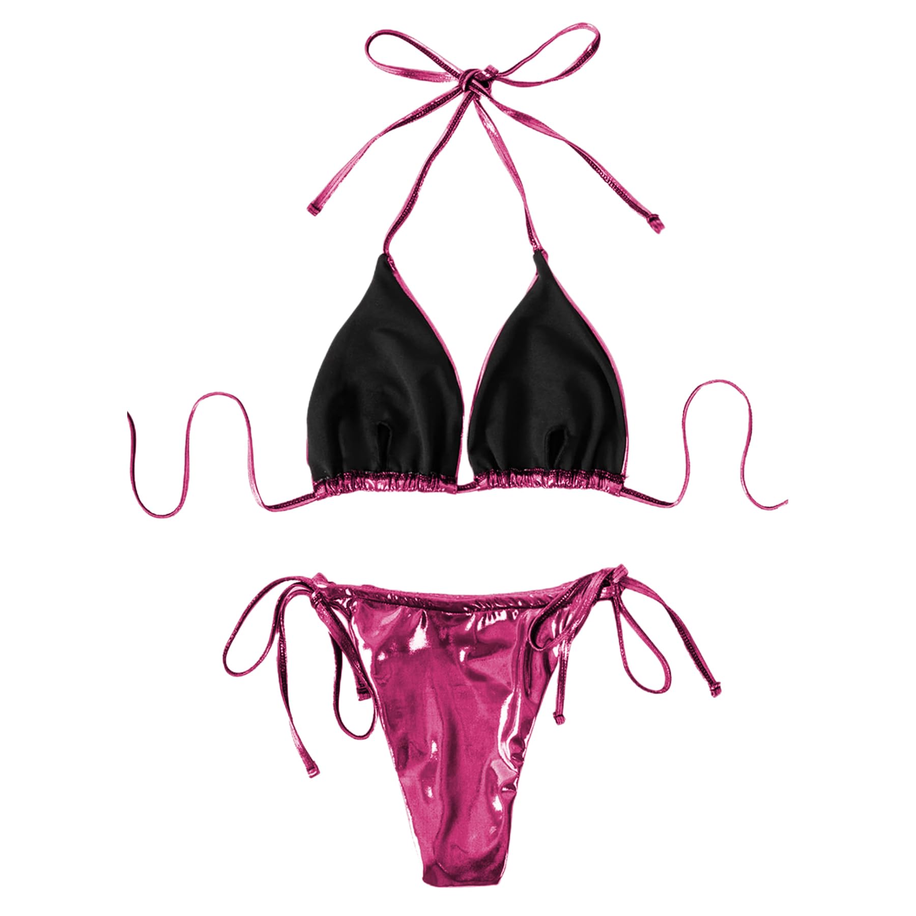 ZGMYC Women's 3 Piece Shiny Metallic Swimsuit Sexy Triangle Bikini Tie Side Thong Festival Outfit with Drawstring Mini Skirt: Large Hot Pink
