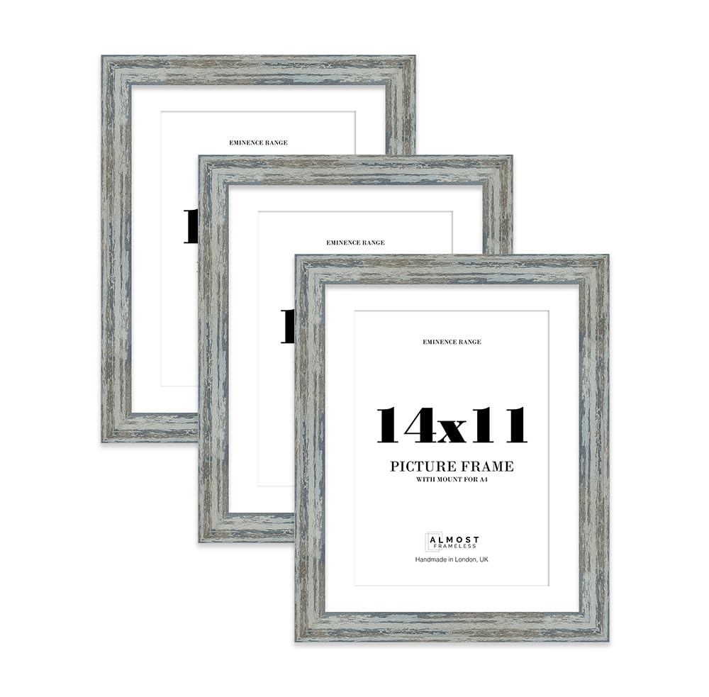 14x11" Distressed Blue Picture Frame with A4 Mount - Barnwood Photo Frame with Distressed Finish, Wall Hooks and Kickstand, 32mm Edge - 3 Pack