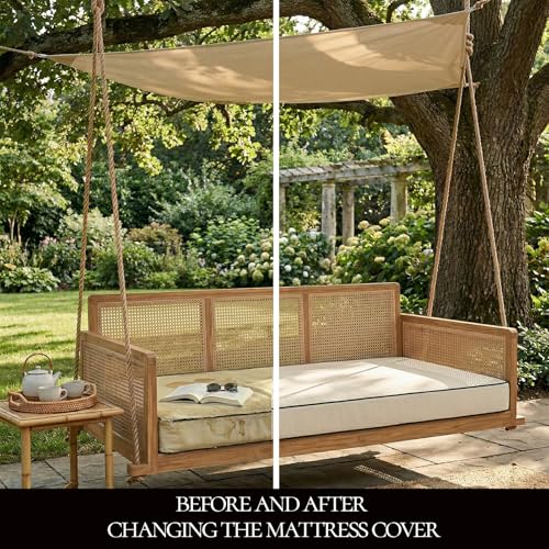 TQ369SM Outdoor Porch Daybed Swing Bed Mattress Cover, White Trim 6" Twin Size Fitted Sheet Slipcover with Zipper (Only Cover) (Khakii, 75x39x8in) by TQ369SM - Image 4