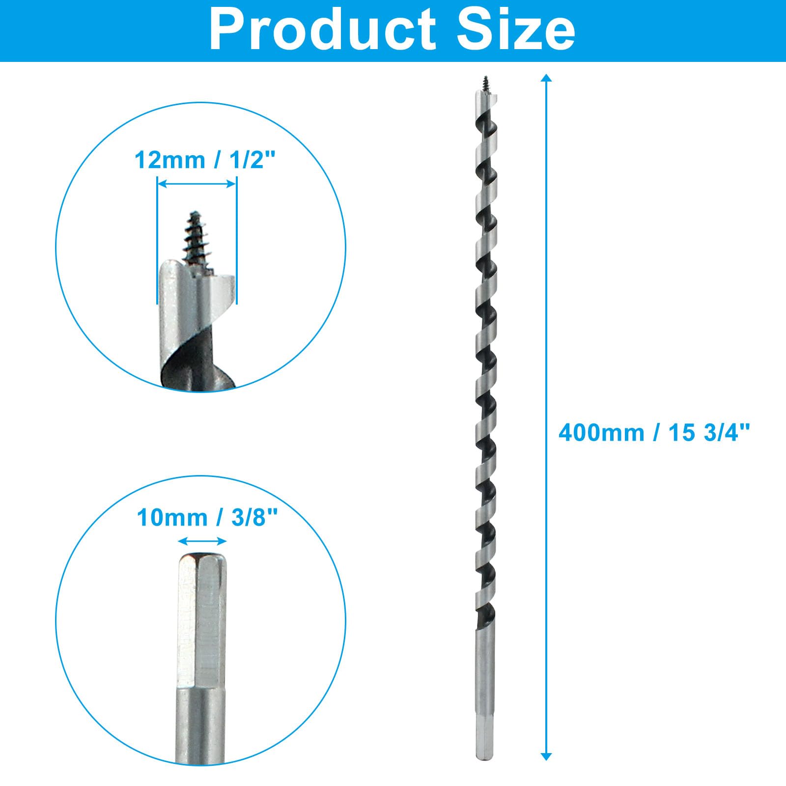 Cjueiom Wood Auger Drill Bit, 12mm x 400mm Hex Shank Ship Auger Bit, Cuts Shallow and Deep Holes in Wood, 1 Piece - Image 2