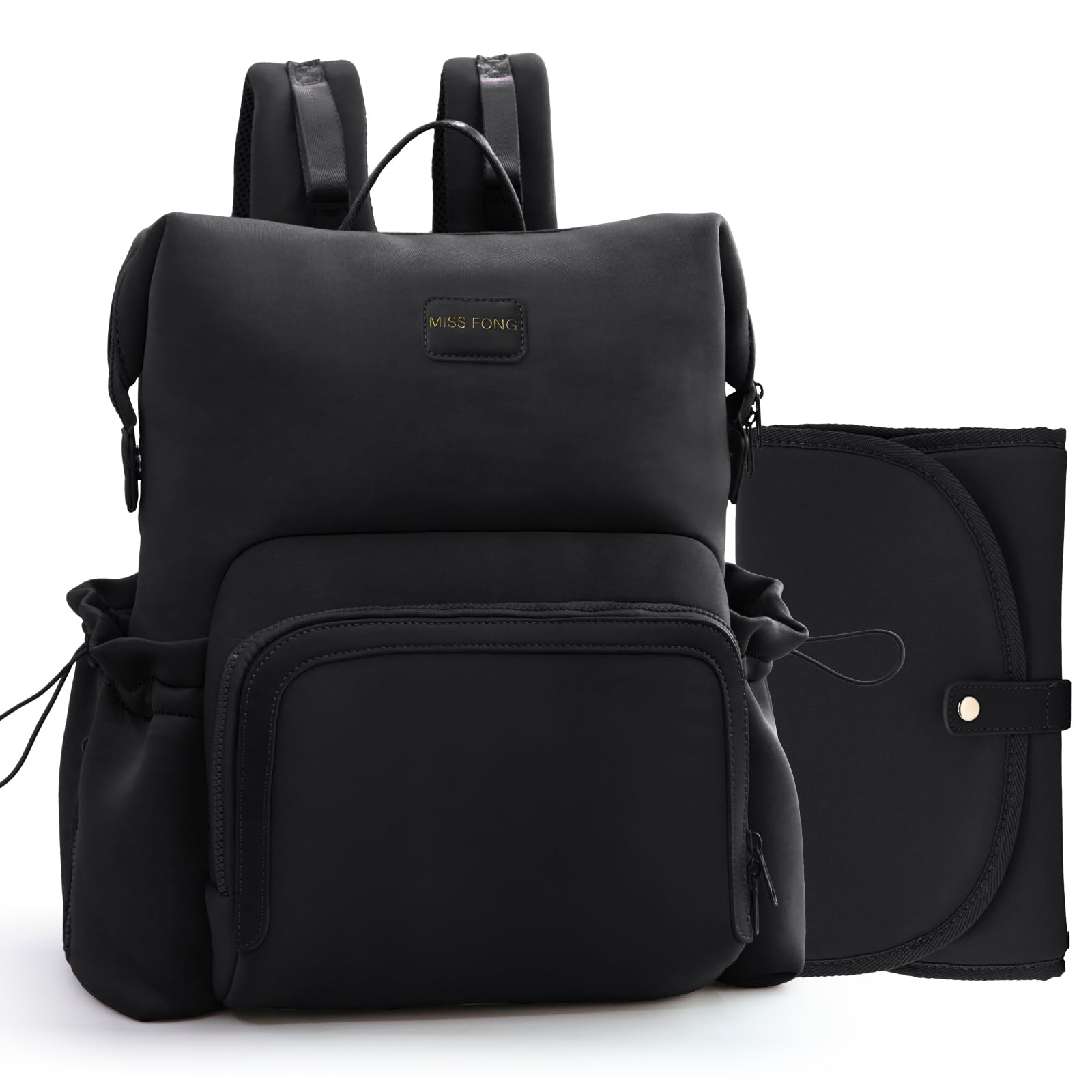 MISS FONG Changing Bag Backpack, Baby Bag Backpacks Neoprene Baby Changing Bags Nappy Maternity Bag Travel Large Capacity with Changing Mat Stroller Insulated Pockets 12 Pockets for Mom & Dad-Black