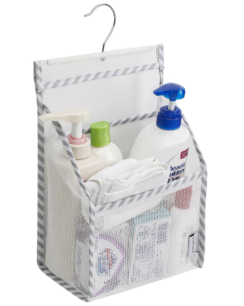 Jelier Hanging Mesh Shower Caddy Bath Storage Basket Organizer for Camping Cruising Gym College RV White Multi