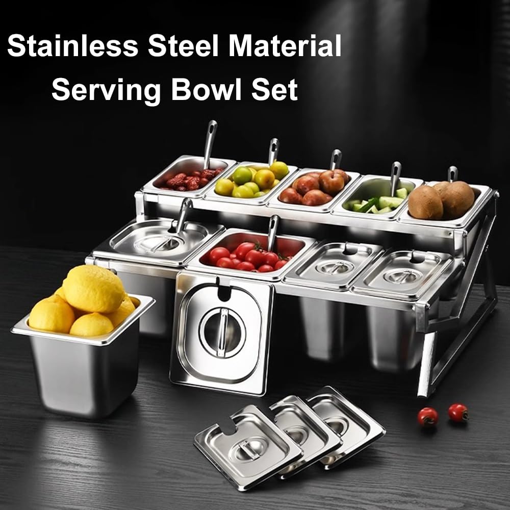 Soporte de cocina de acero inoxidable de 10 sartenes Set organizador de especias con tapas cucharas, 2 fila encimera inclinada estante de condimento, contenedores buffet titular para