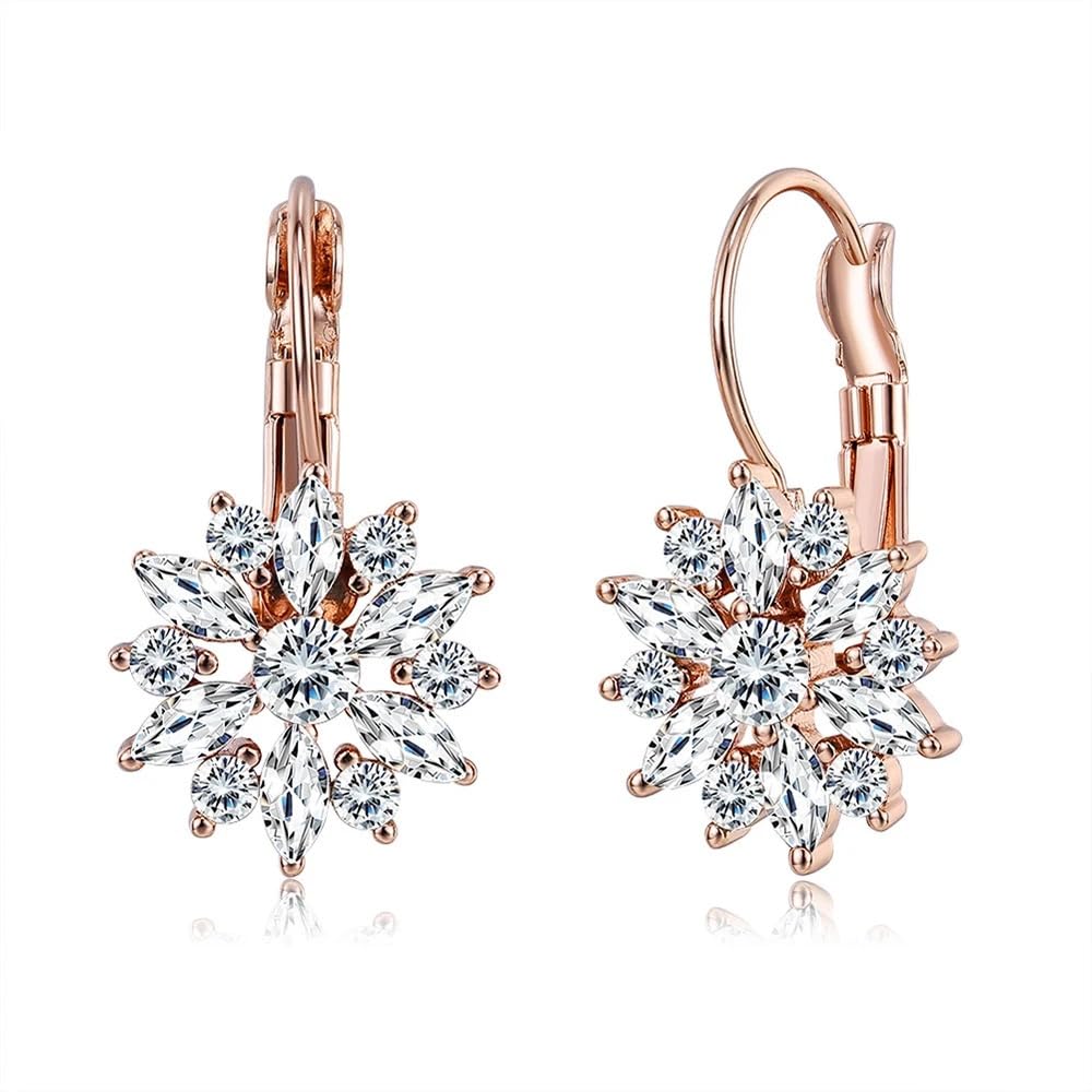 Luxury Snowflake Cubic Zirconia Leverback Dangle Drop Earrings for Women Dainty Sterling Silver Plated Crystal Flower Winter Christmas Dangling