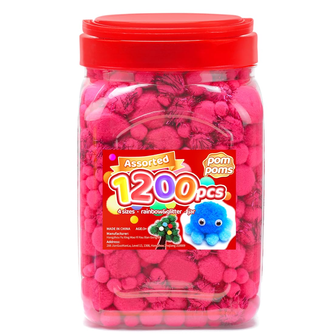 Iooleem Pink Pom Poms - Assorted Size, 1200pcs with Wiggle Eyes, Glitter Options, Perfect for Arts &amp; Crafts