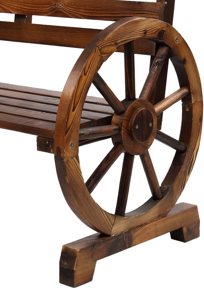 Wooden Wagon Wheel Bench,Rustic 2-Person Wooden Seat Wagon Wheel Bench with Slatted Seat and Backrest, Brown