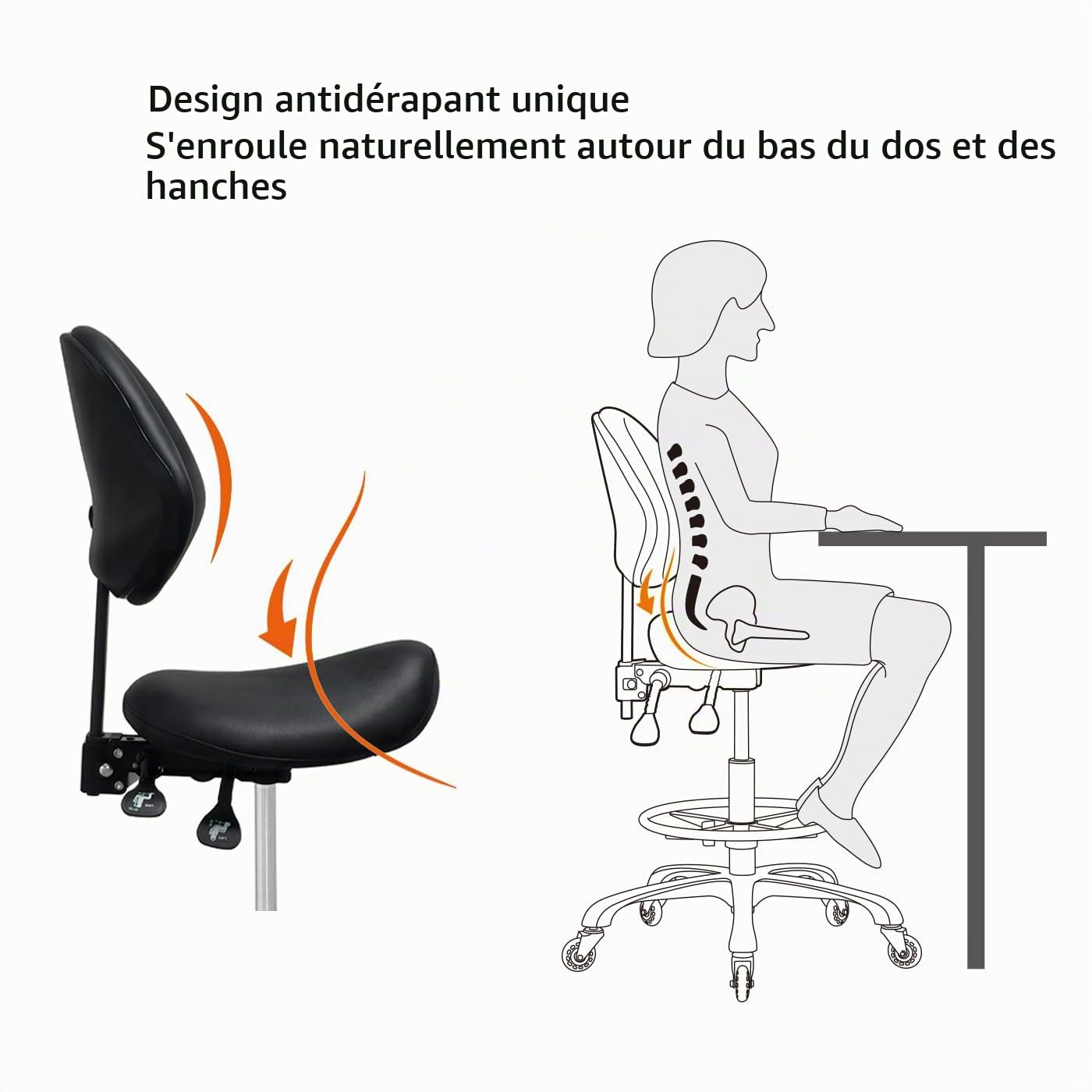 Tabouret de selle avec support dorsal et repose-pieds, très résistant (158,8 kg), tabouret hydraulique pivotant réglable pour salon, spa, beauté, massage, clinique, maison, bureau (noir)