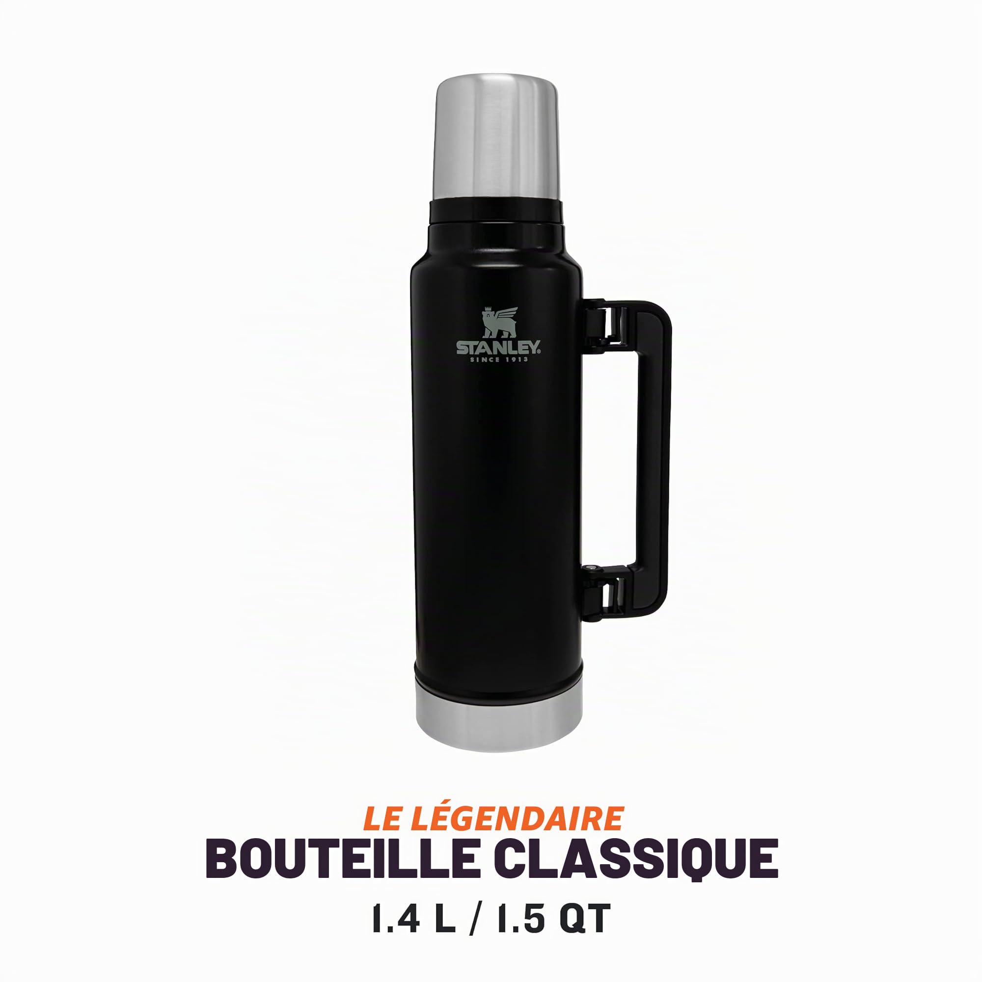 Stanley 1913 Classic Legendary Thermos 1.4L - Matt Black | Maintient la Température 40h (Chaud/Froid) - Bouteille Isotherme - Sans BPA - Gourde Isotherme en Acier Inoxydable