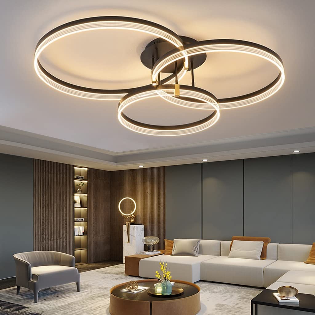 LED Plafoniera Grande Creatività Nero Moderno Anelli Dimmerabili Lampada A Soffitto Metallo Acrilico Lampadario Rotondo Soggiorno Cucina Camera Da Letto Luci Ufficio Stanza Bambini (Color : 30+40+50c
