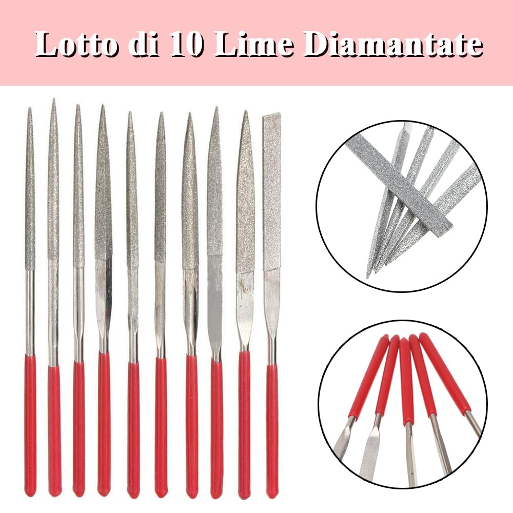Mesee Set di 10 Mini Lime Diamantate con Asta da 2 mm, Lima Diamantata Lime ad Ago di Precisione Polivalenti da 100 mm in Diamante per Lavoro di Precisione, Modellismo e Gioielliere
