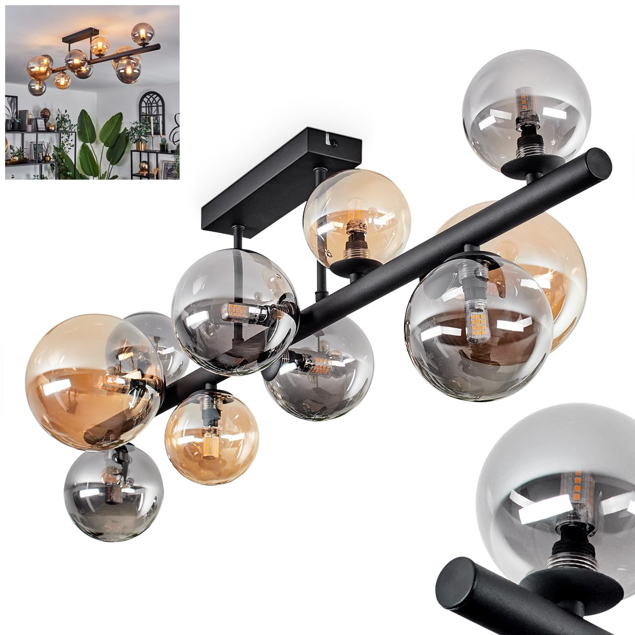 Chehalis Ceiling Light, Ceiling lamp Made of Metal/Glass in Black/Amber/Smoke Colour, luminaire in Modern Retro/Vintage Design with Glass Shades (Ø 10, 12, 15 cm), 10 x G9, Without Bulbs
