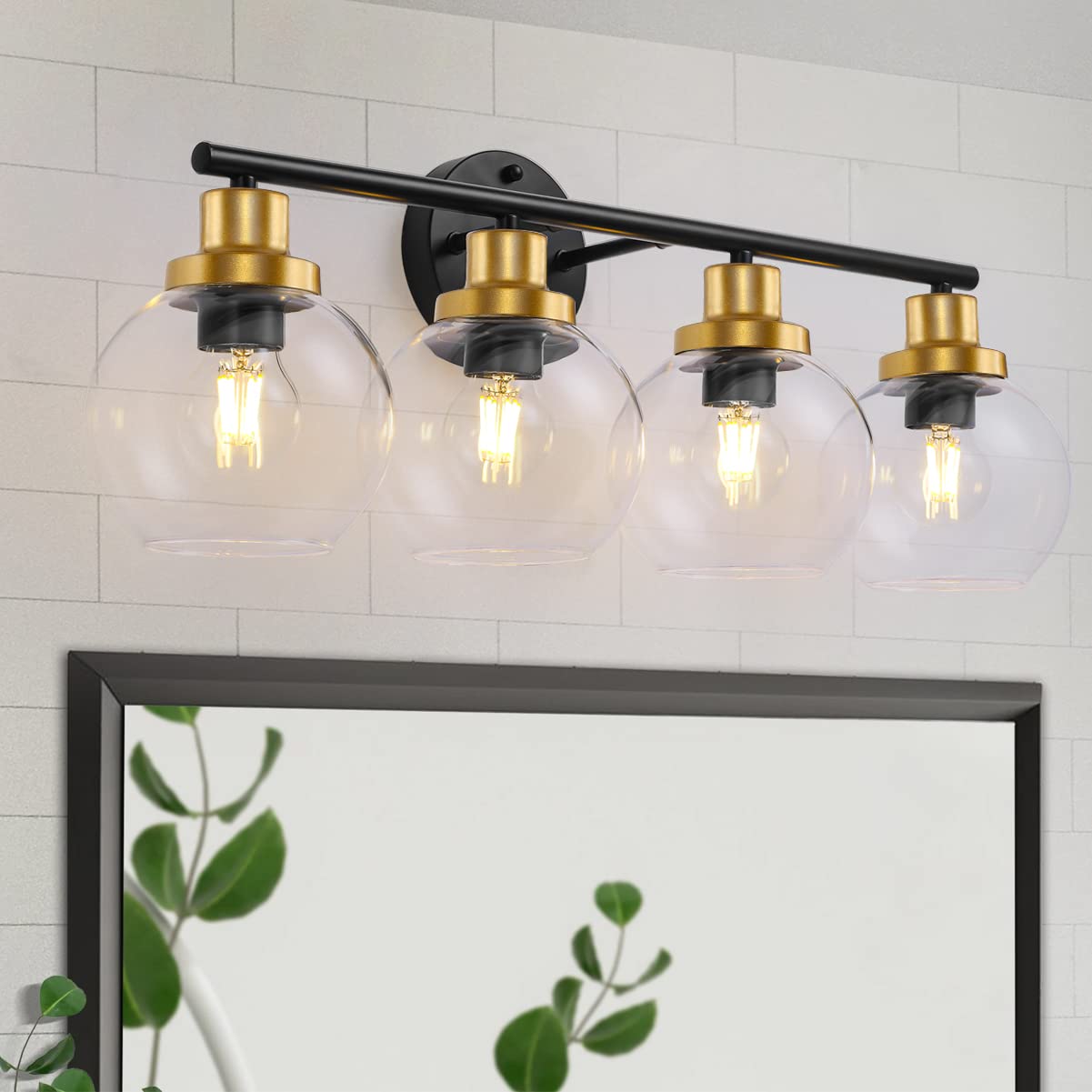 Pasearo Bathroom Light Fixtures, 4-Light Bathroom Vanity Light with Clear Globe Glass Shade, Black Gold Modern Wall Sconces Lighting Over Mirror,28 inch Vintage Light Exclude Bulb for Bedroom Hallway