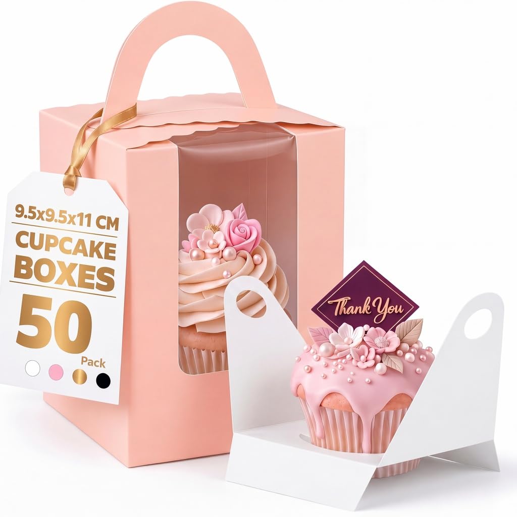 Vesmiga 50 Pack Individual Cupcake Boxes with Window & Handle, Single Cupcake Boxes with Insert, Pink Cupcake Gift Boxes for Birthday, Baby Shower, Bridal Shower & Party Favours, 9.5 x 9.5 x 11 cm