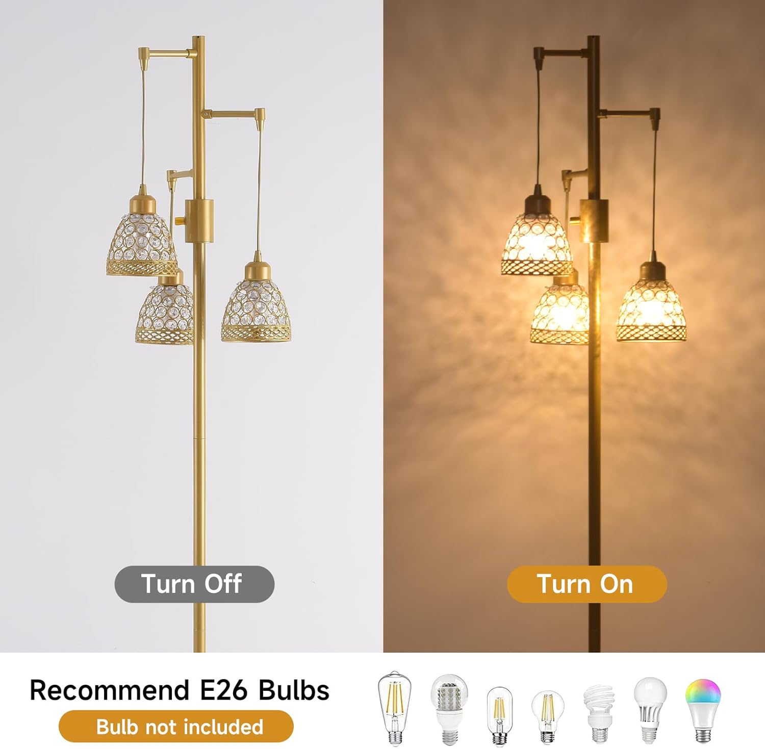 -Modern 3-Head Floor Lamp with Crystal Beads, Industrial Metal Standing Lamp Adjustable Hanging Light for Living Room-Gold