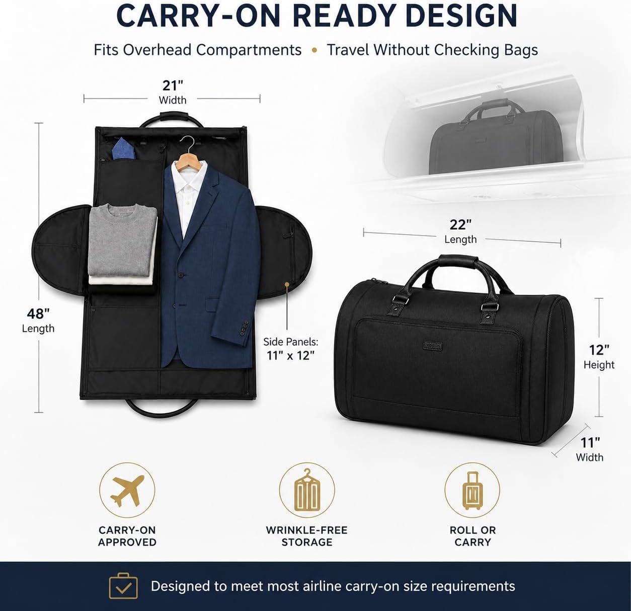 Garment Duffle Bag with Wheels for Men & Women, Convertible Carry-On Suit Travel Bag with Garment Sleeve, Rolling Weekender Duffel with Hideaway Handle, Premium Nylon Wrinkle-Free Business Luggage