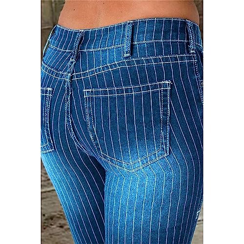 Andongnywell Women's Striped Bell Bottom Jeans Boho Comfy Stretchy Flare Pants Classic High Waist Flared Denim Jean2