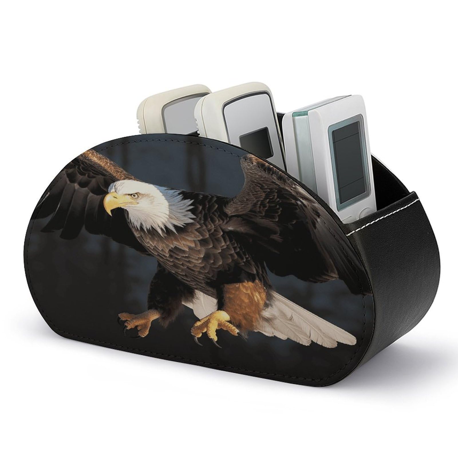 VstaDank 3D Bald Eagle Remote Control Holder with 5 Compartments PU Leather Remote Caddy Desktop Organizer Store TV Remote Control Storage Box for Home Office Desk Nightstand