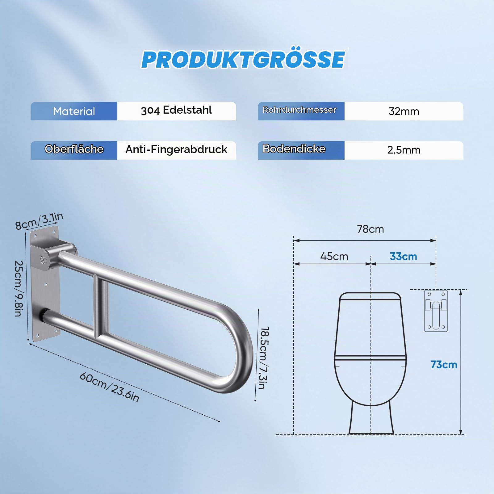 60cm WC Haltegriff Klappbar, Wandstützgriff Klappbar, Edelstahl 304, Tragfähigkeit 150 kg, Haltegriffe für Senioren, Schwangere,Menschen mit eingeschränkter Mobilität