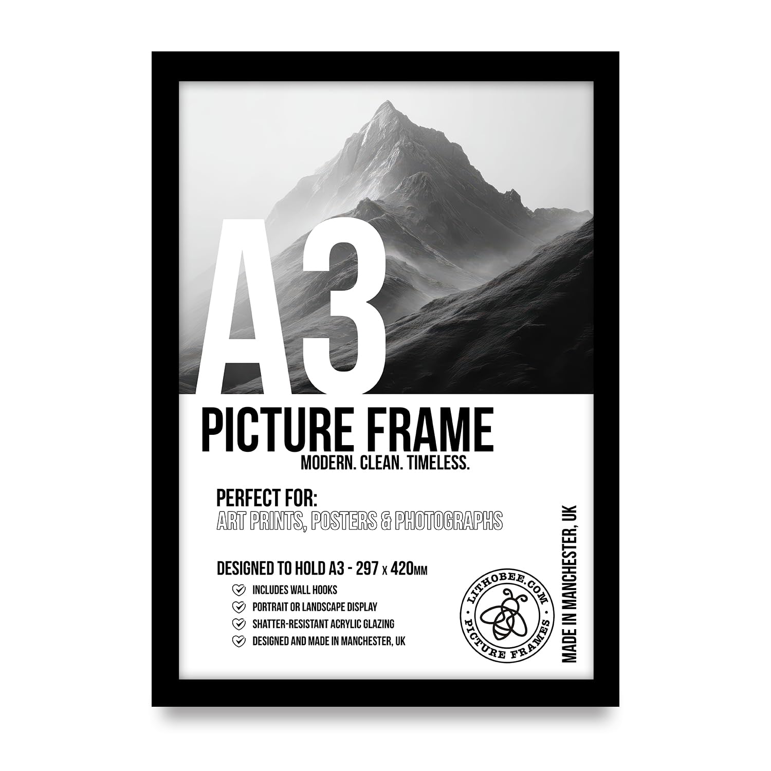 Lithobee Premium Black A3 Picture Frame