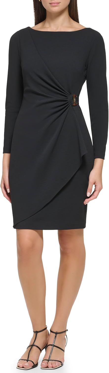 DKNY Womens Long Sleeve Jewel Neck Mini D Buckle Scuba Crepe Dress