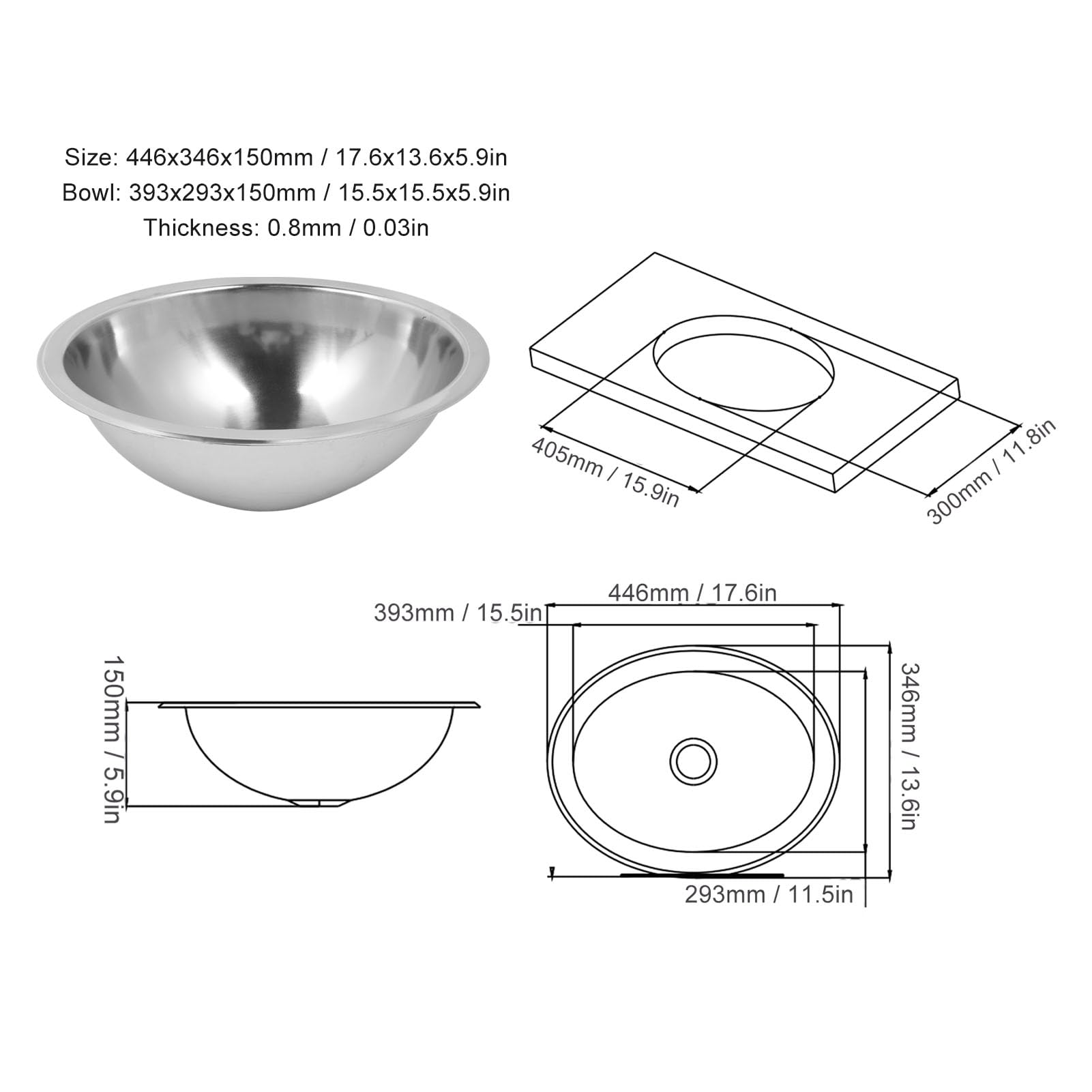Lavello Ovale per, Lavello da Bagno per Lavaggio a Mano in Acciaio Inossidabile 304 con Scarico Fognario da 40 Mm, per Barca, Roulotte, Commerciale