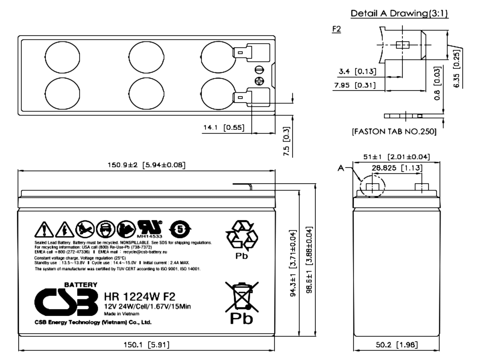 CSB HR 1224W F2F1 - Batería de plomo (12 V, 24 W, 1,67 V/15 min)