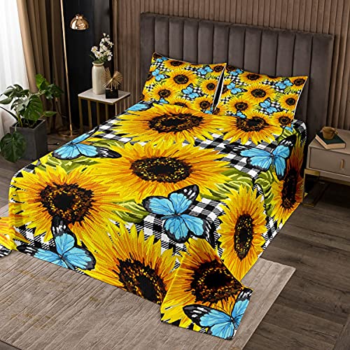Erosebridal Sunflower Quilted Queen Size Blue Butterfly Bedspread for Girls Teens Women Yellow Flower Floral Coverlet Set,Black White Plaid Pastoral Rustic Quilt Set with 2 Pillow Cases
