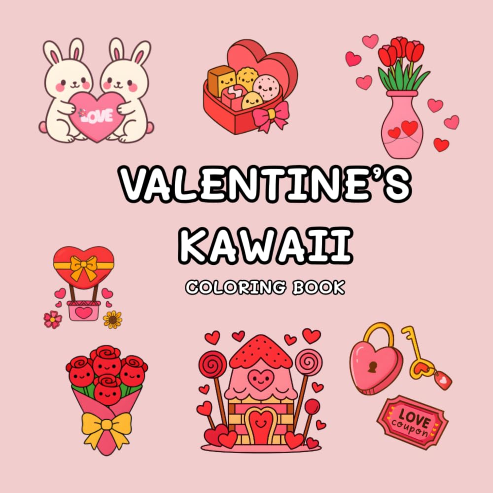 Valentine’s Kawaii Coloring Book for Kids & Adults: Cute Love-Themed Animals, Sweet Treats, and Heart Objects to Color