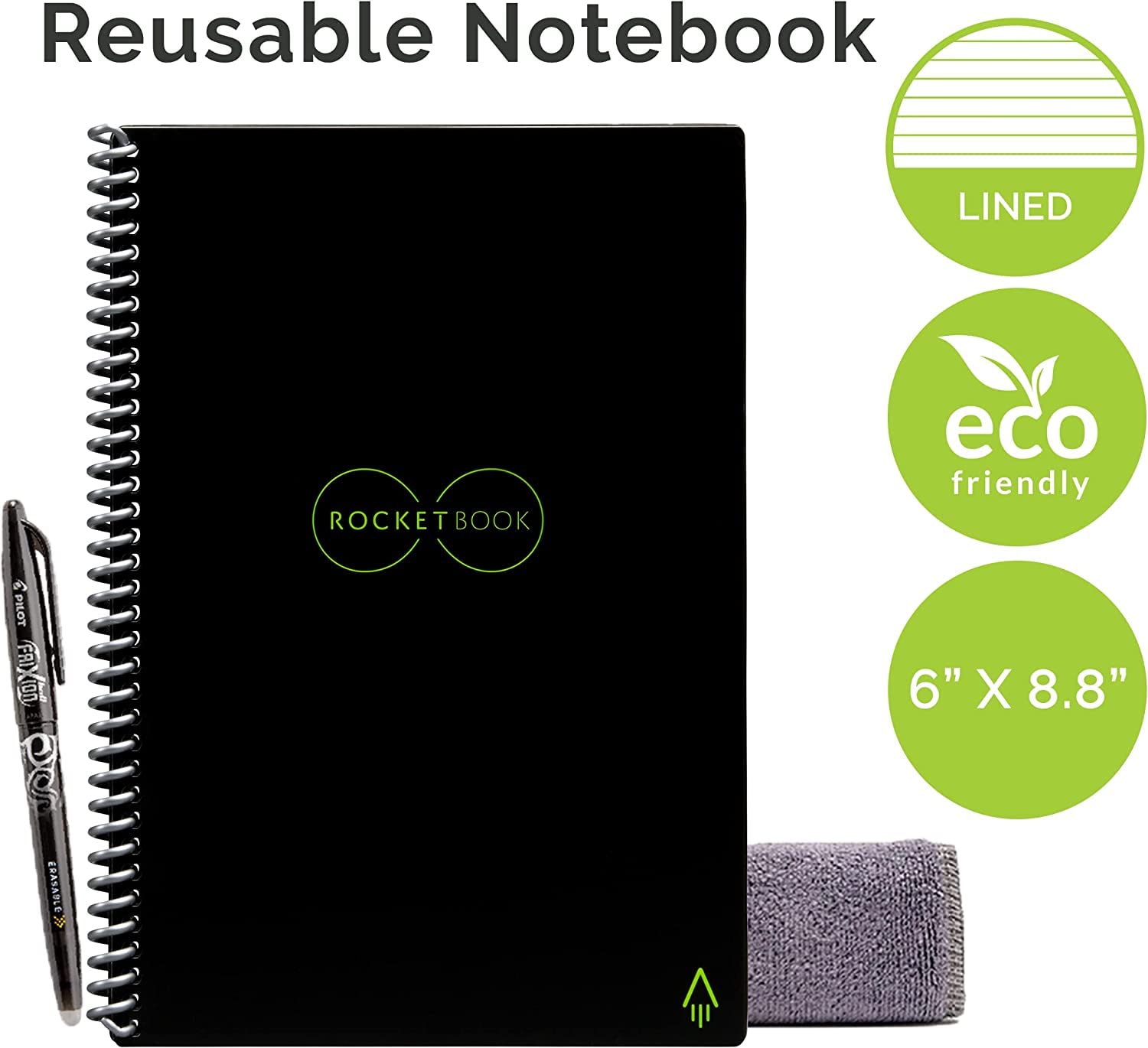 Rocketbook Lined Cuaderno Inteligente - Reutilizable Digital Libreta A5, Bloc De Notas De Hojas Rayadas Planificador Semanal, Gadgets Tecnologicos Frixion Pilot Borrable y Paño de Microfibra Incluido