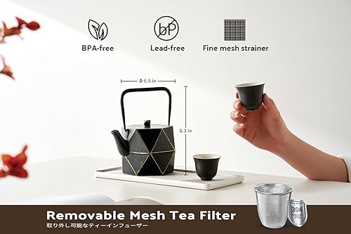 Miniatura 8 de Toptier - Tetera japonesa de hierro fundido con infusor de té de acero inoxidable. Juego de tetera de hierro fundido duradero, diseño de diamante