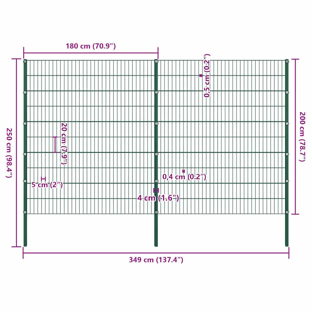 Set Recinzione da Giardino in Ferro Verde 3,4x2 m con 3 Pali