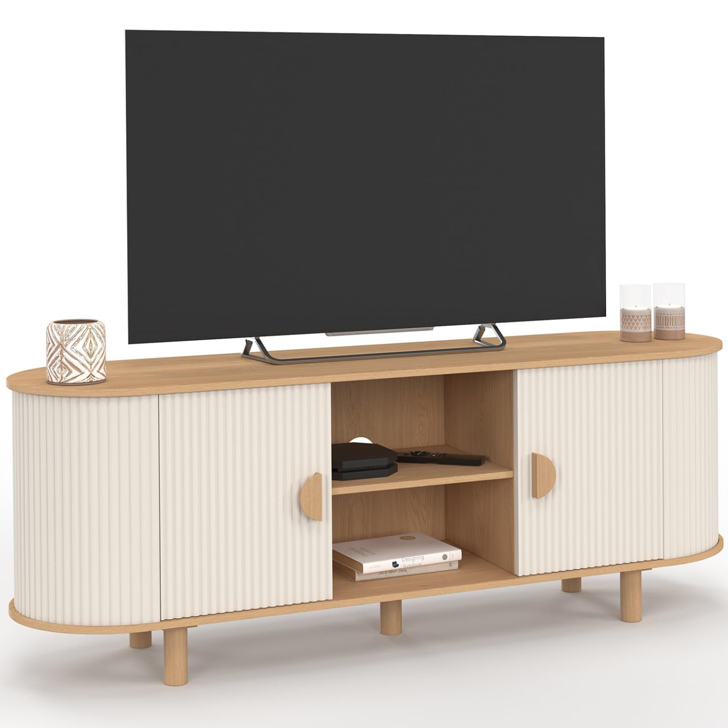 IDMarket - Meuble TV 140 cm KANEL 2 Portes Effet cannelé Beige et Bois