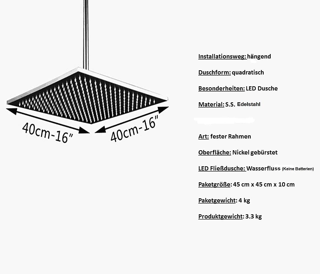 Nowoczesny 40 x 40 cm luksusowy prysznic deszczownica LED wbudowana głowica prysznicowa kwadratowa głowica prysznicowa 3 diody LED kolor: chrom