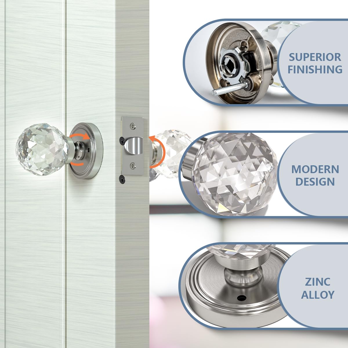 Bwintech 1 Paar Massivkristall-Türgriffe aus gebürstetem Nickel, 65mm Palace Style-Kristall-Türgriffe für den Innenbereich mit Verriegelung und DIY-Schraubensatz für Badezimmer, Schlafzimmer, Flur