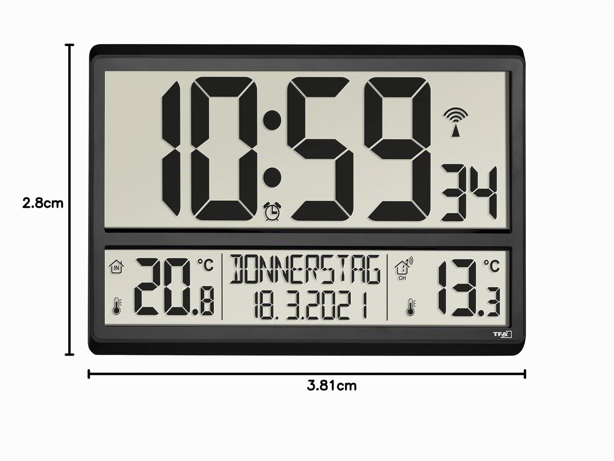 TFA Dostmann Orologio Radiocontrollato da Parete, Digitale XL, 60.4521.01, Temperatura Esterna e Interna, con sensore esterno, Giorni Settimana, 8 Lingue, Grande, Nero 360 x 235 x 28, 84